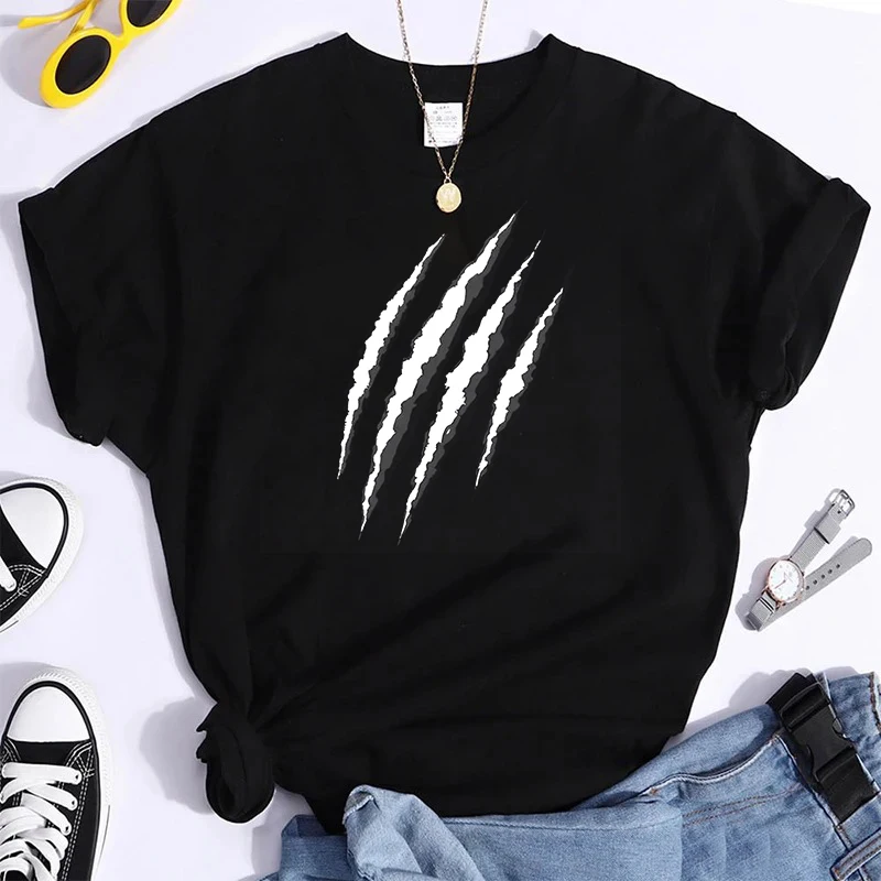 

100% Pure Cotton Scratch Simpl Print Solid Crew Neck T-Shirt, Short Sleeve Casual Every Day Top For All Season, Women's Clothing