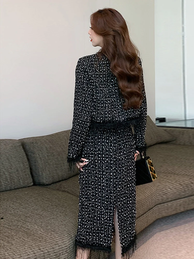 Fashion Ladies Plaid 2 Pieces Outfits Women Elegant Short Coat Tops Jacket Outwear And High Waist Long Skirt Set Street Clothes