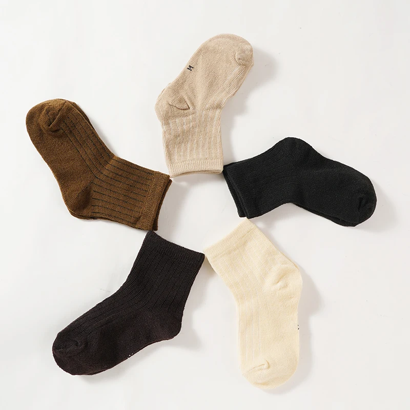 5 Pairs/Set Solid Color Ribbed Cotton Mid-Tube Socks New Autumn Children's Socks Soft Skin-Friendly Breathable Casual Socks