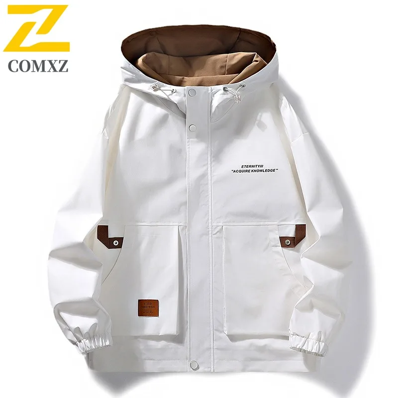 

COMXZ Jacket Big Pocket Loose Waterproof Windproof Outdoor Hiking Travel Camping Rider Jacket Letter Print Stormcoat Jacket