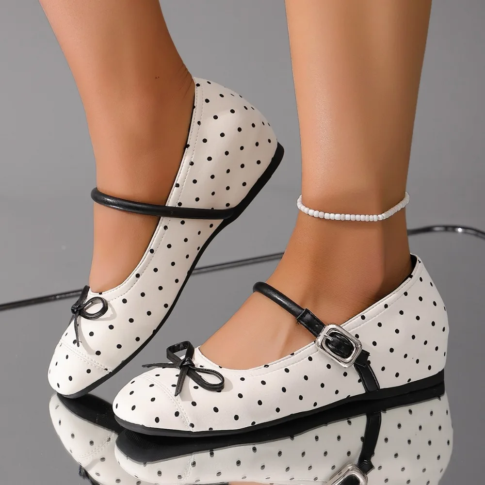 French-style Polka Dot Bow Mary Jane Flats for Women 2026 New Elevated-insole Ballet-style Beautiful Small Leather Shoes
