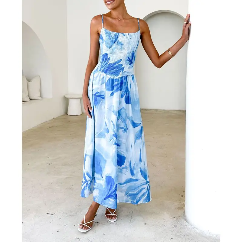 Abito estivo da donna senza maniche con apertura sul retro, spalline sottili, stampa floreale tie-dye, abito da spiaggia lungo a trapezio con smock
