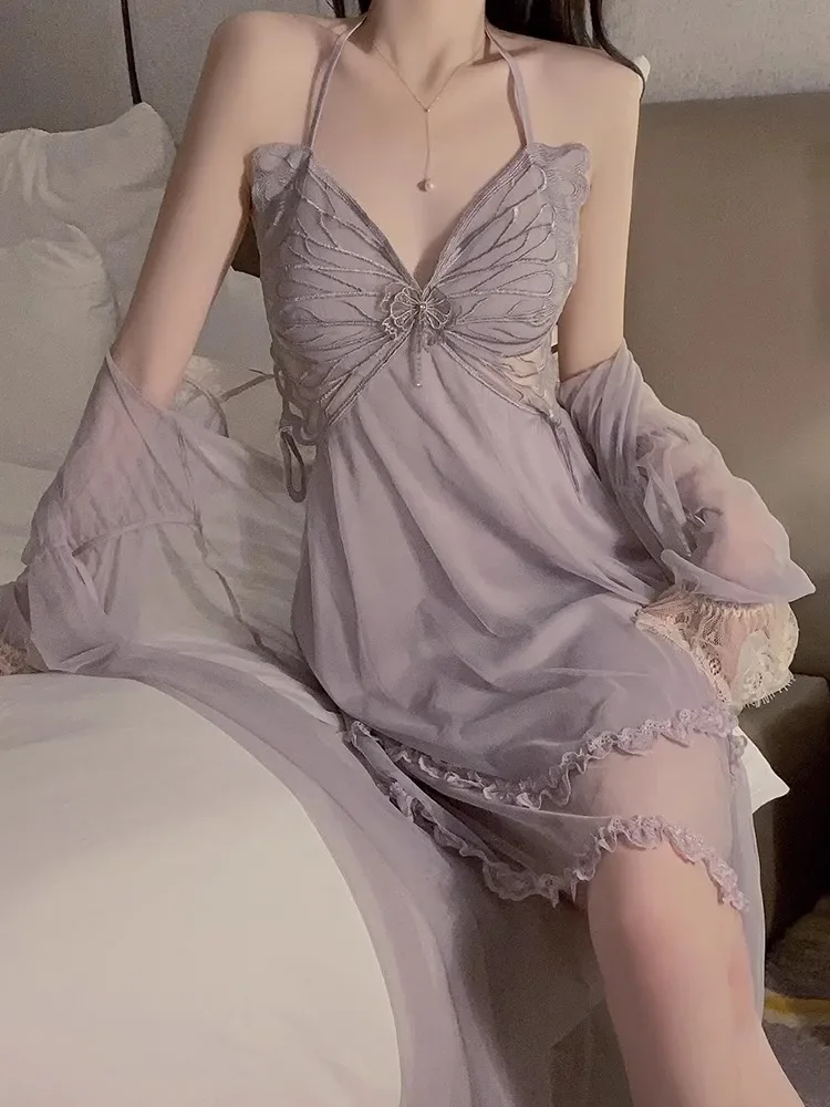 French Romantic and Sexy Plus Size Lingerie Butterfly Suspender Nightgown Lace Up Outer Robe Pajama Home Suit Set Sleepwear
