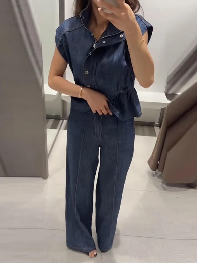 Ärmelloses Jeanswesten-Hosen-Set für Damen mit elastischem Bund, Stehkragen-Oberteil mit Knopfleiste und gerader Hose – Schickes Streetwear-Outfit für die moderne Dame – Detail 21