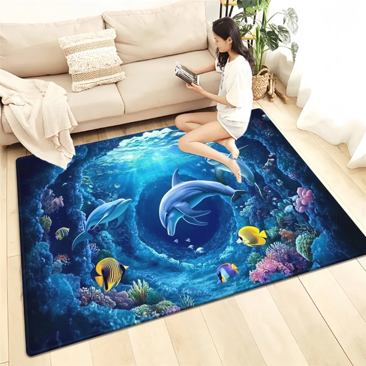 Vibrant Ocean Reef Area Rug Tropical Marine Life Dolphin Underwater Carpet for Living Room Home Decor Accent Rug