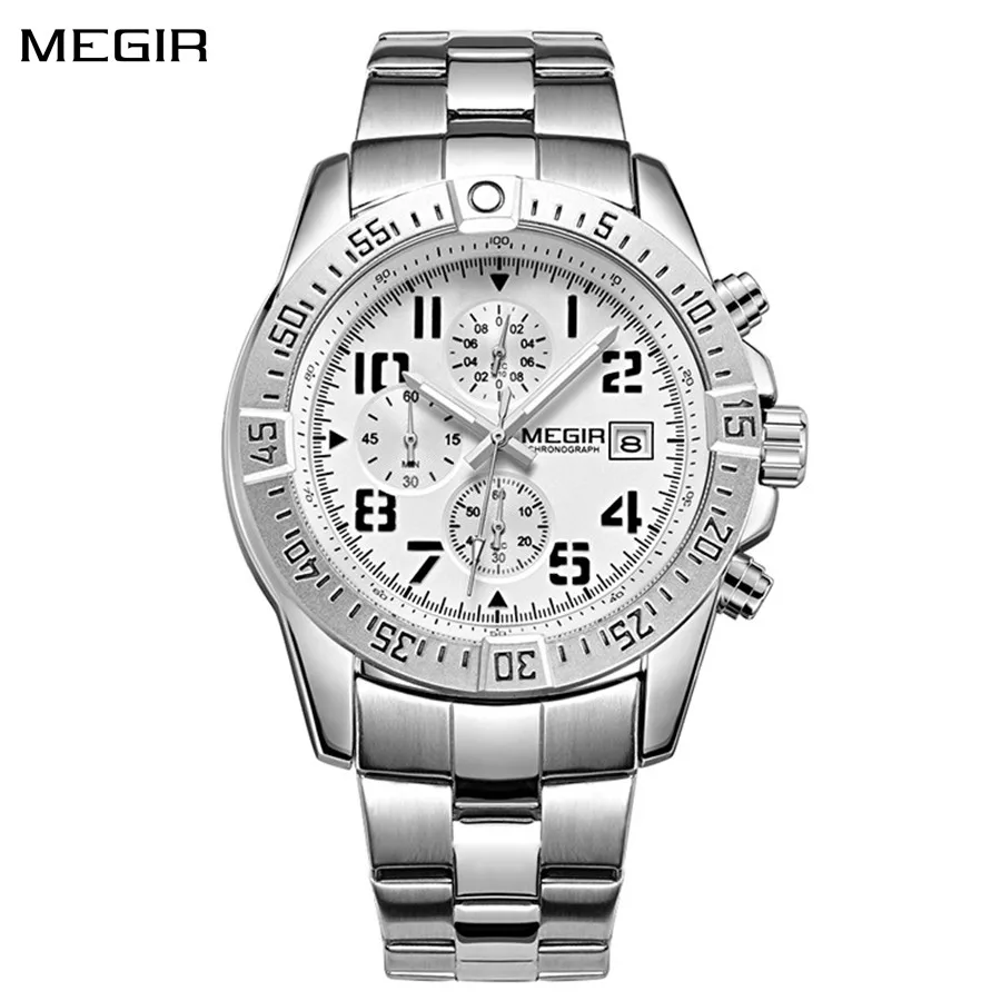 

MEGIR 2030 Men Quartz Watches Silver Stainless Steel Band Chronograph Calendar Luminous Hands Waterproof Fashion Watch