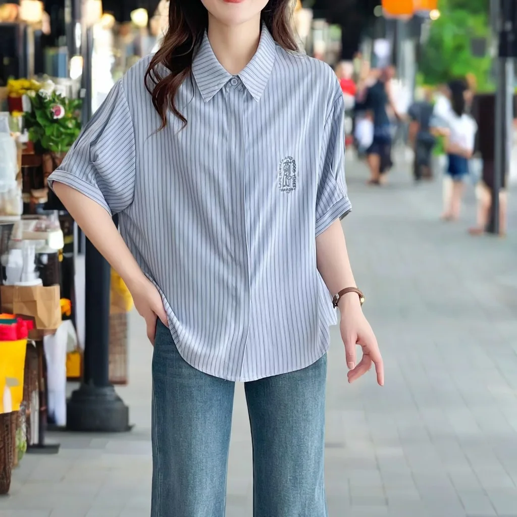 100kg Summer Plus Size Blouses New Casual And Elegant Embroidered Striped Short Sleeved Women's Shirt 2513