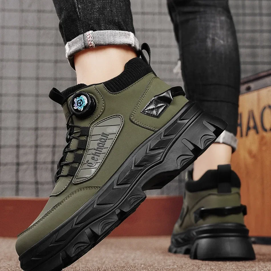 

Men High Top Leather Boots Winter New Vintage Comfort Casual Outdoor Hiking Shoes Waterproof Non Slip Height Increase Work Boots