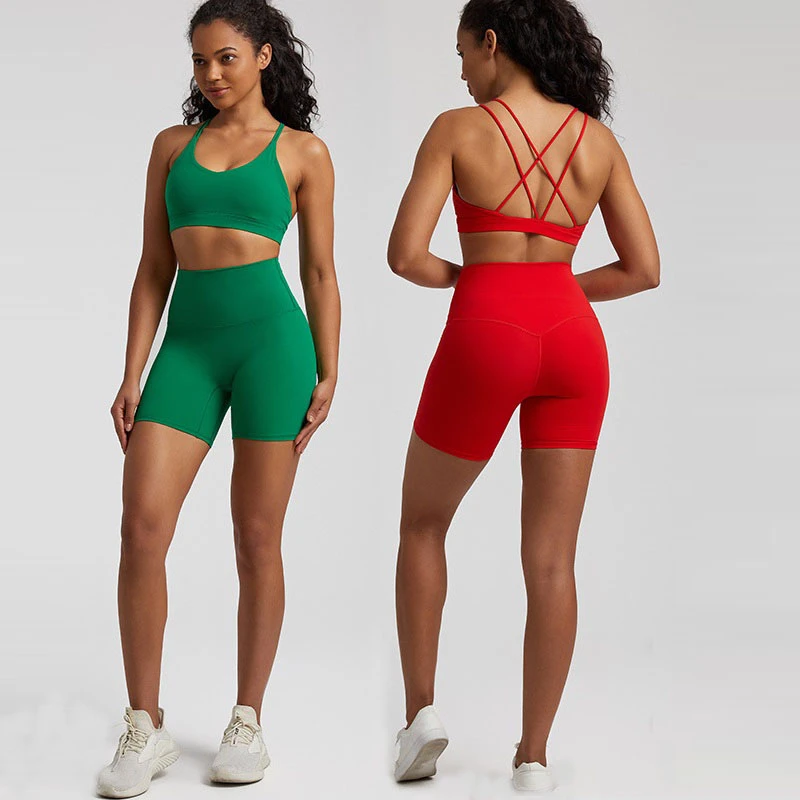 Yoga Shorts Set Gym Sports Set Women Workout Clothes Suit 2 Pieces High Waist Shorts Cross Straps Fitness Bra Running Tracksuit