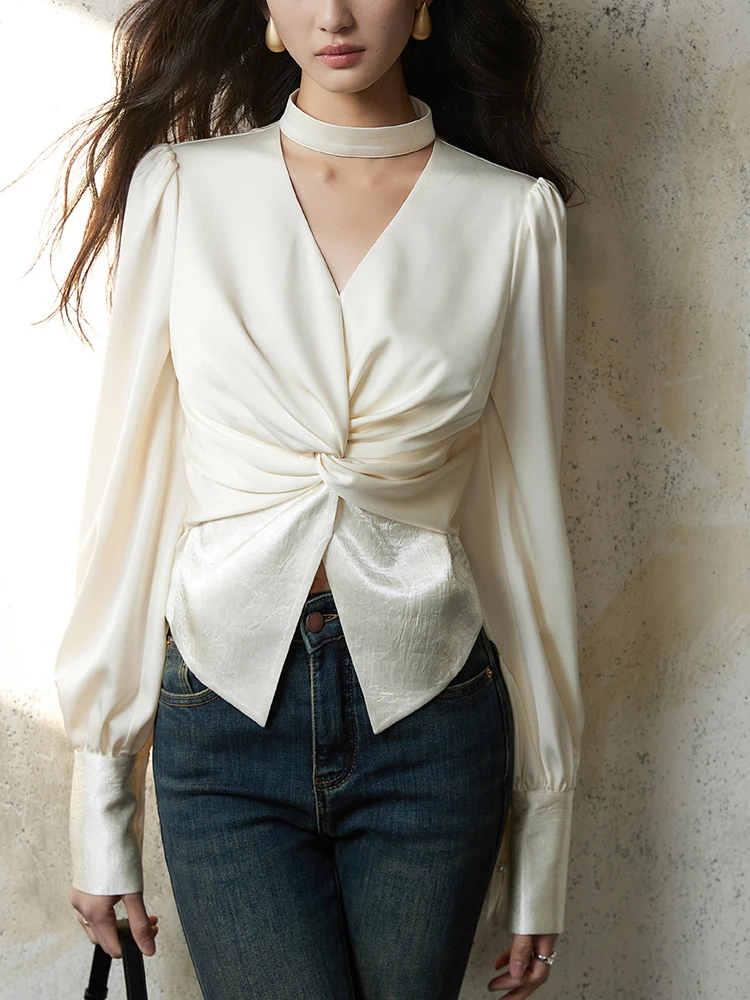 Textured Satin White Shirt Women New Loose Casual Turn-Down Collar Long Sleeve Black Blouse Female Office Ladies Elegant Tops