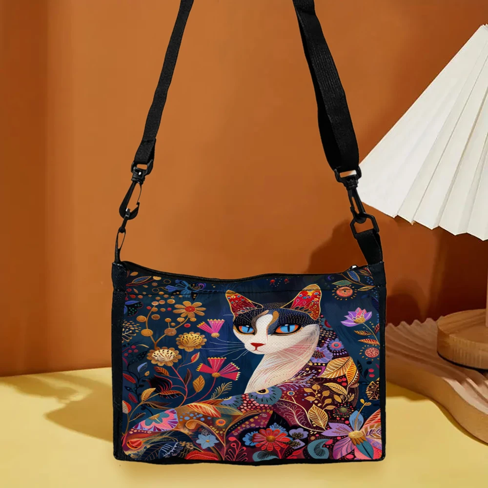 

Painting Cat With Flowers Picture Cat Shoulder Bag Fabric Crossbody Bag Versatile Stylish Women's Handbag