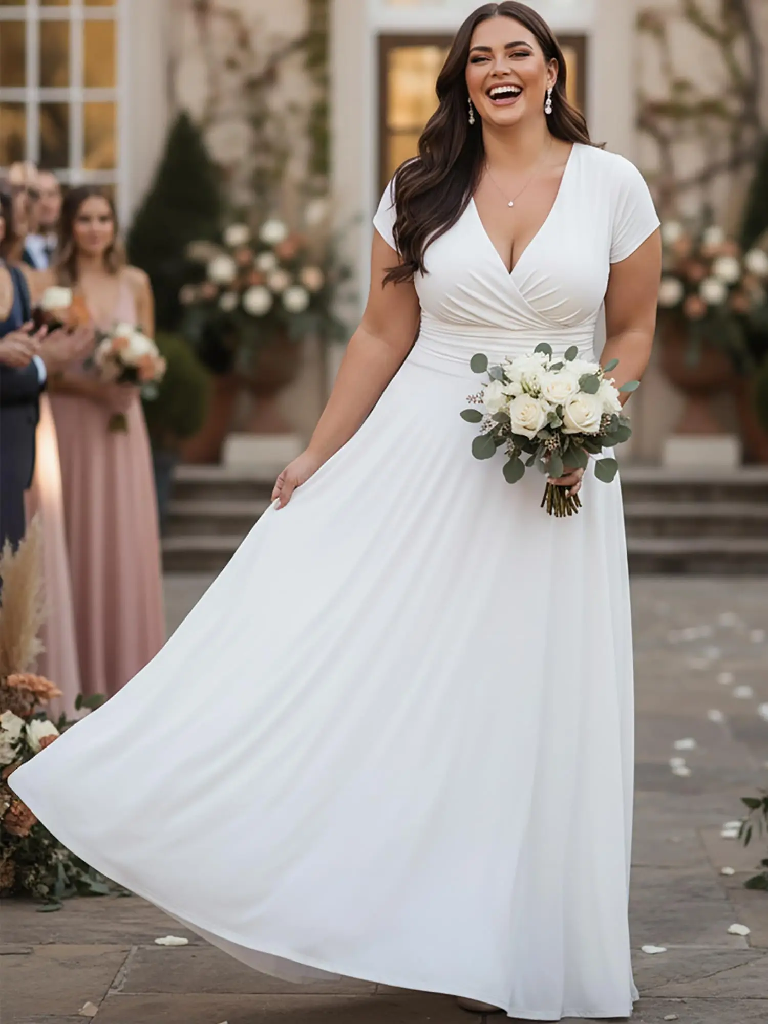 Customized Plus Size V-Neck Short Sleeve A-Line Wedding Dress - Comfortable Jersey Gown for Curvy Brides Bridal Gown