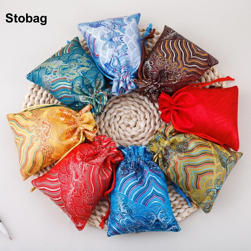 

StoBag 5pcs Chinese Silk Drawstring Bag Small Cotton Gift Jewelry Packaging Storage Bundle Pocket Reusable Pouch Decoration