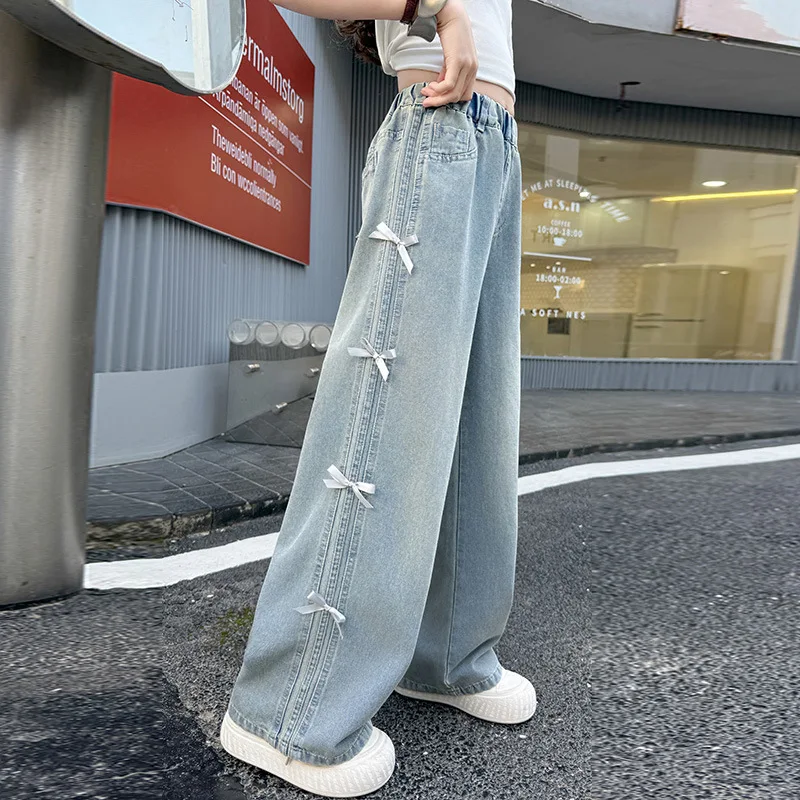 

Fashion Kids Summer Loose Straight Jeans with Bow Side for Tweens Girls Casual Denim Pants Children Retro Blue Trousers