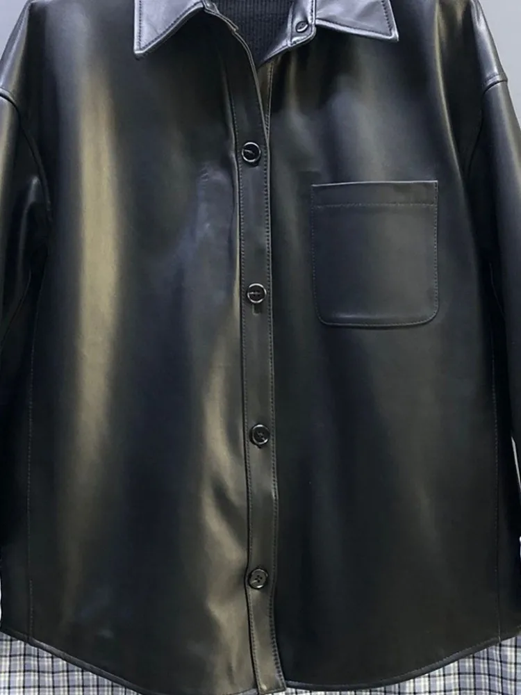 Giacca in vera pelle monopetto con risvolto colorato patchwork stile tempo libero Capispalla da donna a maniche lunghe con tasca in pelle di pecora allentata