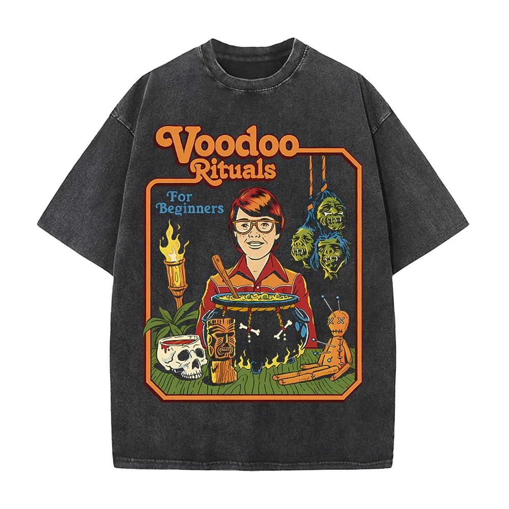 Voodoo Rituals Cartoon Printed T-shirt Vintage Washed T Shirt Men Clothing Summer Casual Short Sleeve Cotton Tee Tops Clothes