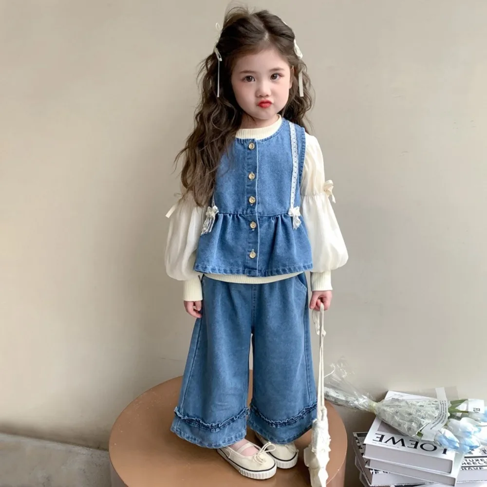 

Spring Autumn 3 Pcs Autumn New Kids Clothes Girls Fashion Denim Vest + Long Sleeved Beige Base Shirt Top + Pants Children's Sets