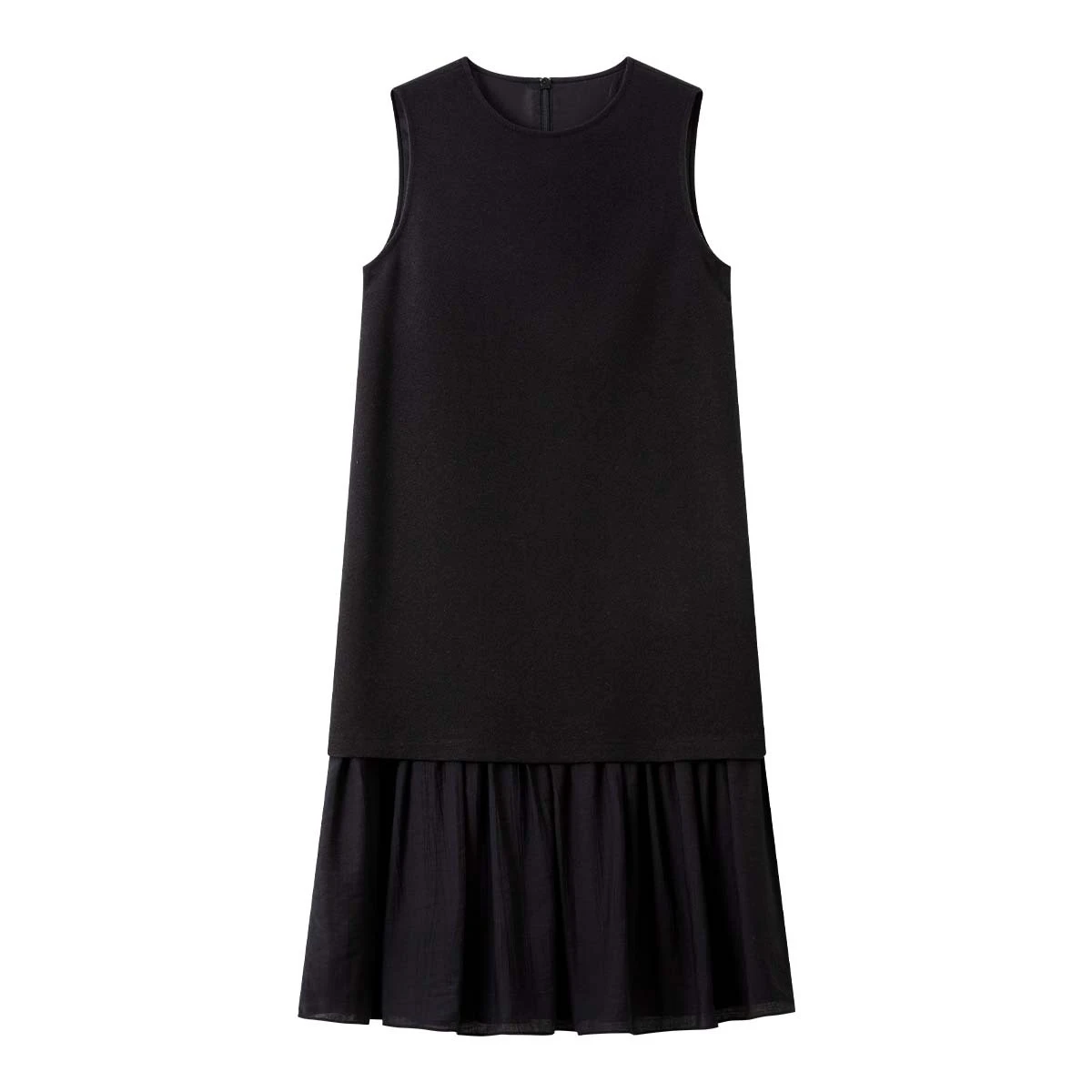 VIMLY Vestido sin mangas para mujer, vestido largo plisado con cuello redondo negro francés, vestidos midi de moda corte A, colección otoño 2026, A2915