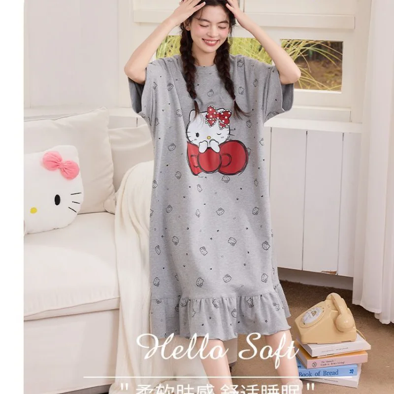 Hello Kitty Pajamas Dress Long Dresses Pyjamas Summer Sleepwear Short Sleeve Sleeping Skirt Kawaii Cartoon Home Clothes - view 6