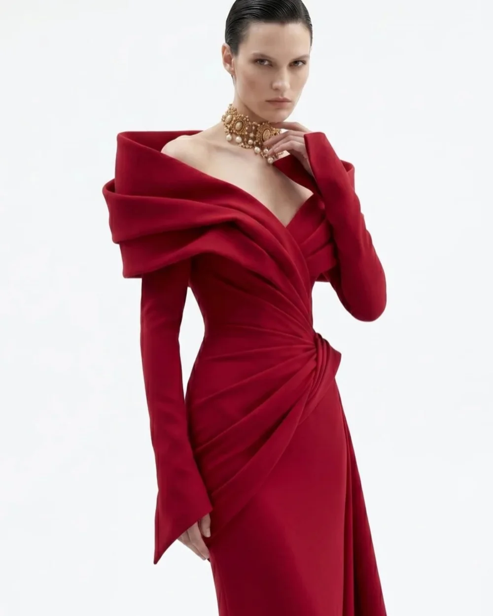 

Customized High Quality Women Jersey Ruched Pleat Straight Evening Dress Formal Sexy Off-the-shoulder Long Sleeves Prom Dresses