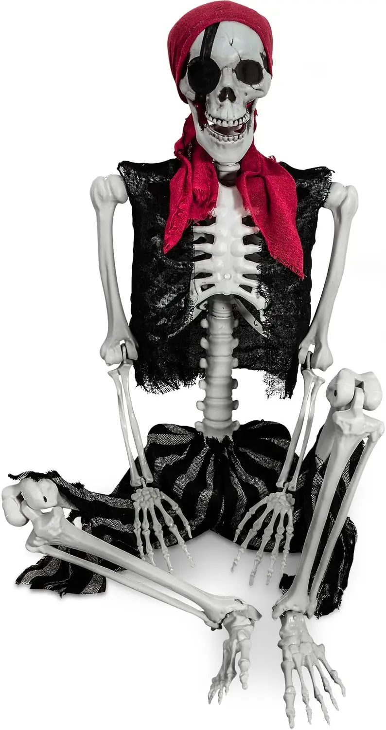 Life Size 5.4FT Halloween Pirate Skeleton Prop, Full Body Human Skeleton with Movable Joints, Pirate Style Indoor Outdoor