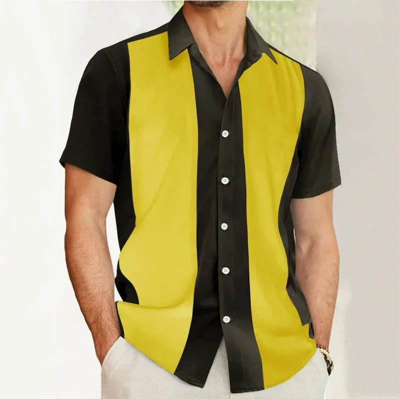 Fashion Business Stripped Splicing Man Shirts Vintage Casual And Versatile Button Down Bowling Short Sleeve Summer T-Shirt Tees