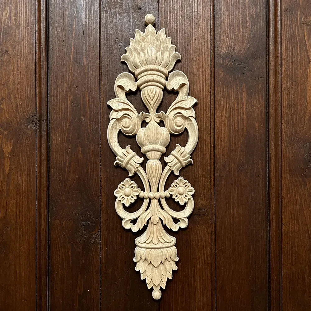 Furniture Woodcarving Decorative Unpainted Natural Wooden Figurines Crafts Applique Decal Rubber Floral Wood Carved Home Decor