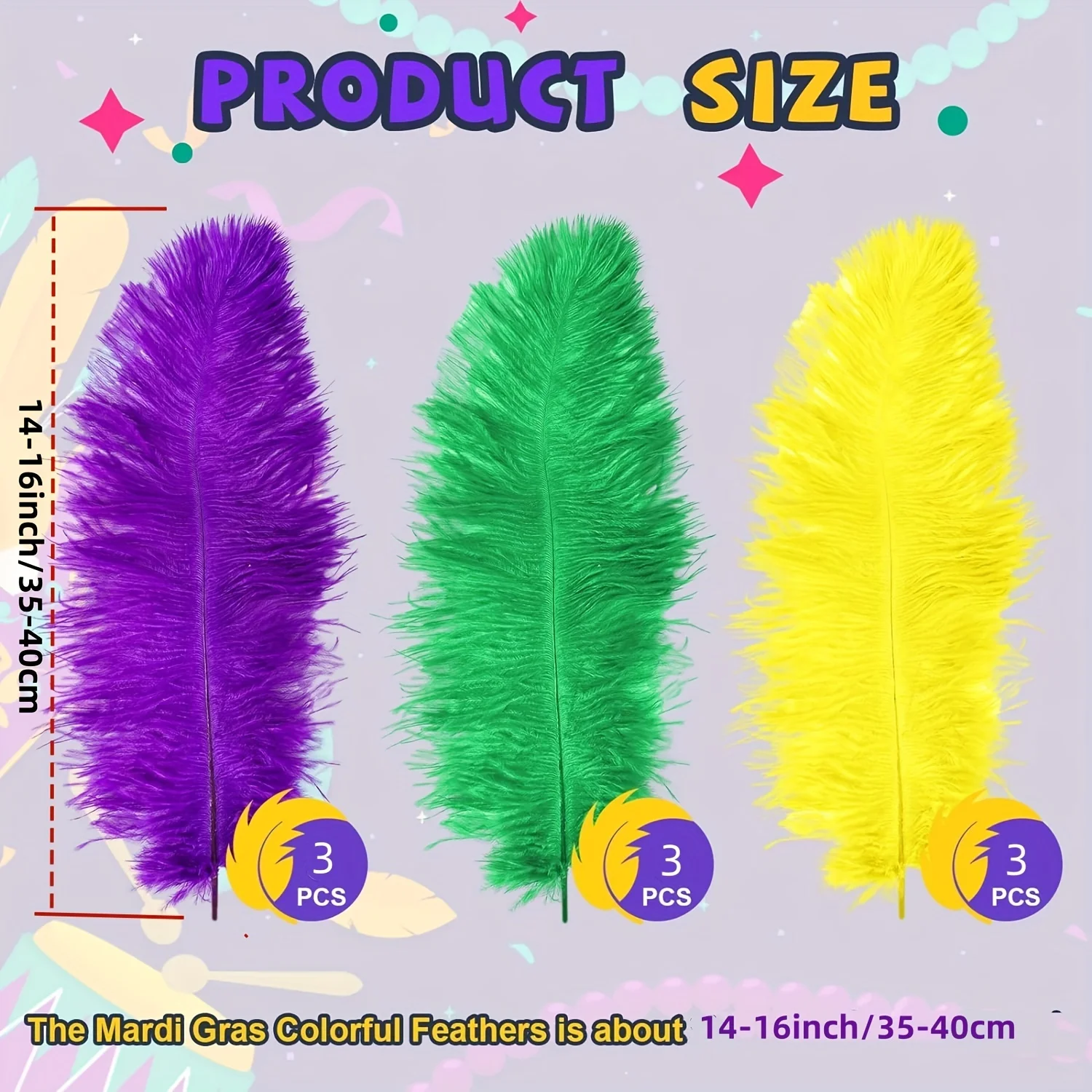 9Pcs Vibrant Mardi Gras Ostrich Feathers 14-16 Inch Colorful Plumes for Crafts, DIY Party Decorations, Carnival Costumes