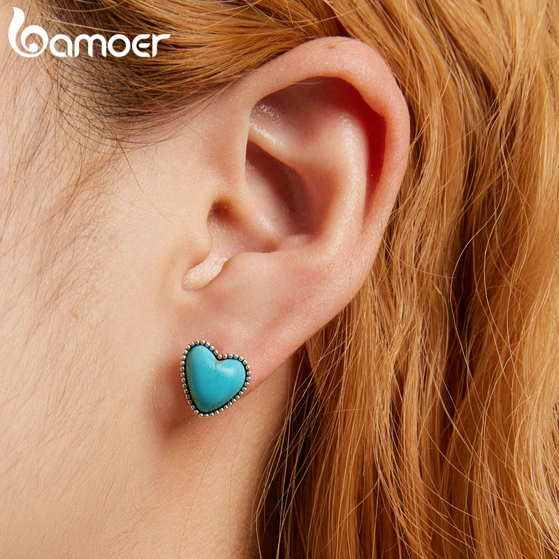 

BAMOER Silver Turquoise Stud Earrings Women 925 Sterling Silver Unique Heart Shape Turquoise Earrings