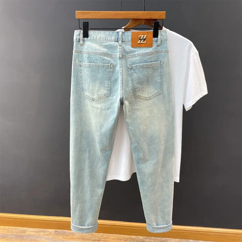 

High-end affordable luxury jeans men's summer thin slim fit skinny casual all-match Street trendy retro blue stretch trousers