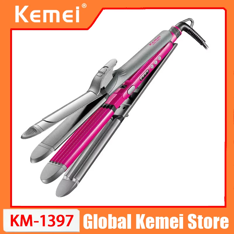 

KM-1397 4 in 1 Hair Straightener Crimper Hair Wand Curler Flat and Curling Iron Women Hair Styling Waver Adjustable Temperature
