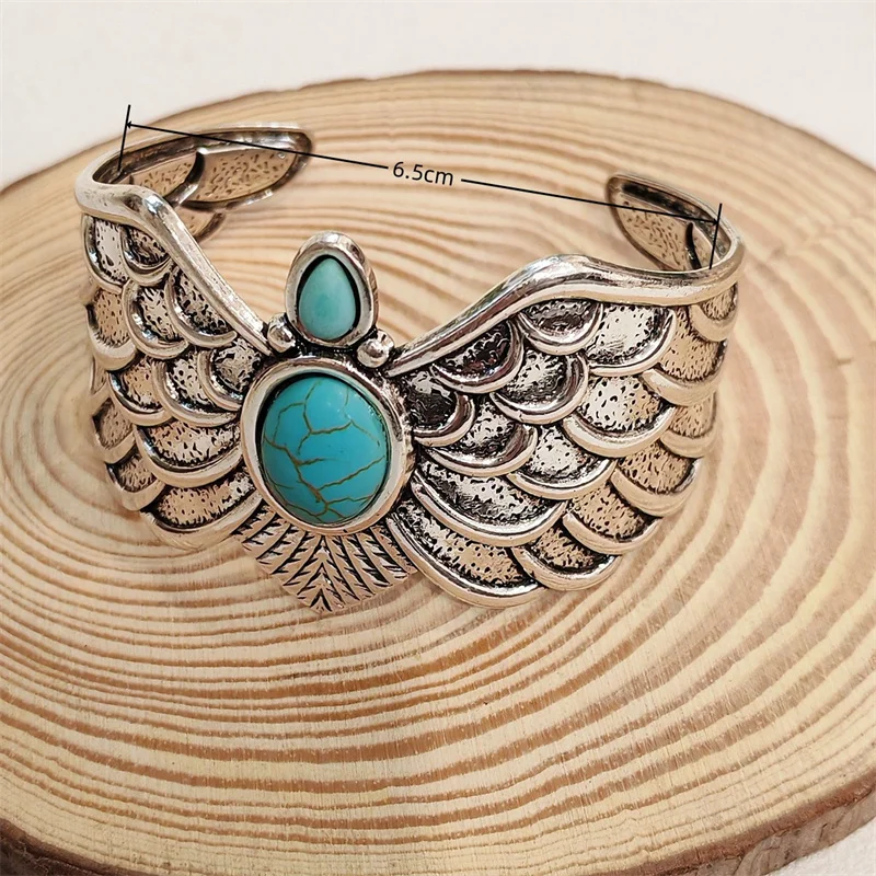 Inlaid Turquoise Open Wide Face Bracelet Retro Ethnic Style Nepalese Characteristic Fashion Jewelry for Women Accessories