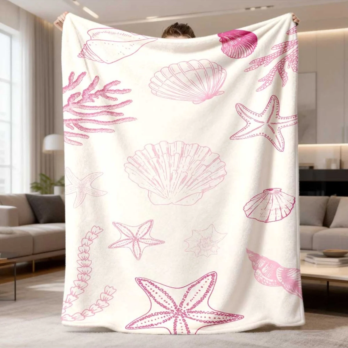 Throw Blanket Pink Starfish Shell Print Nautical Ocean Design Soft Cozy Wrap For Beach House Bathroom And Coastal Home Decor