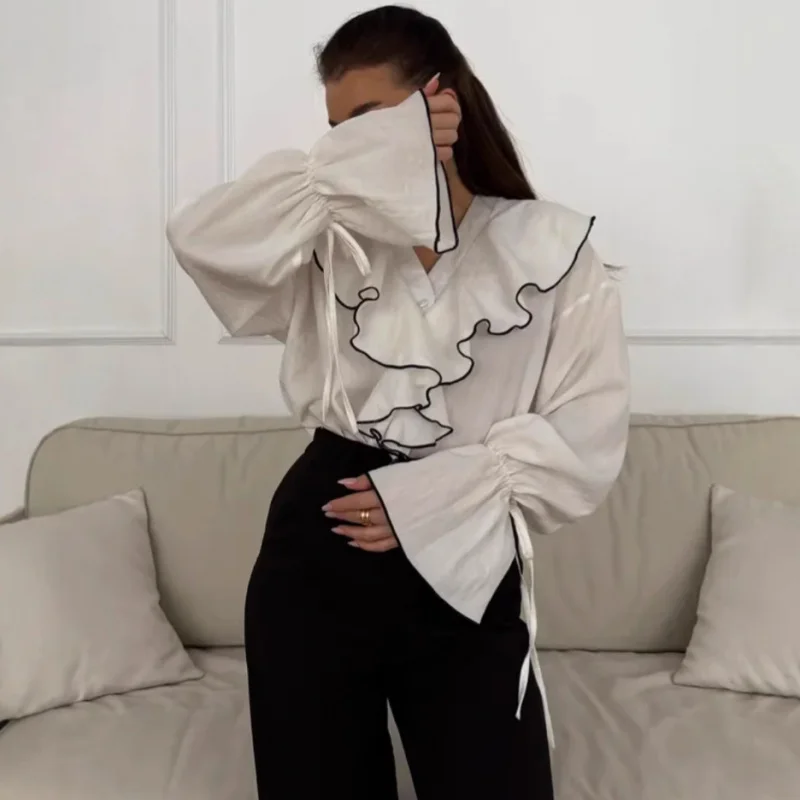 

Новый европейско-американский стиль, весенне-осенний женский французский простой модный повседневный кардиган, топ с многослойными рюшами и цветными блоками S