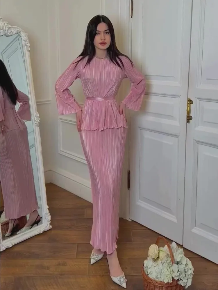 

Elegant Chic Skirts Set Woman 2025 New Summer Fashion Pink O Neck Lace Up Top+High Waist Pleated Long Skirt Solid 2 Piece Sets