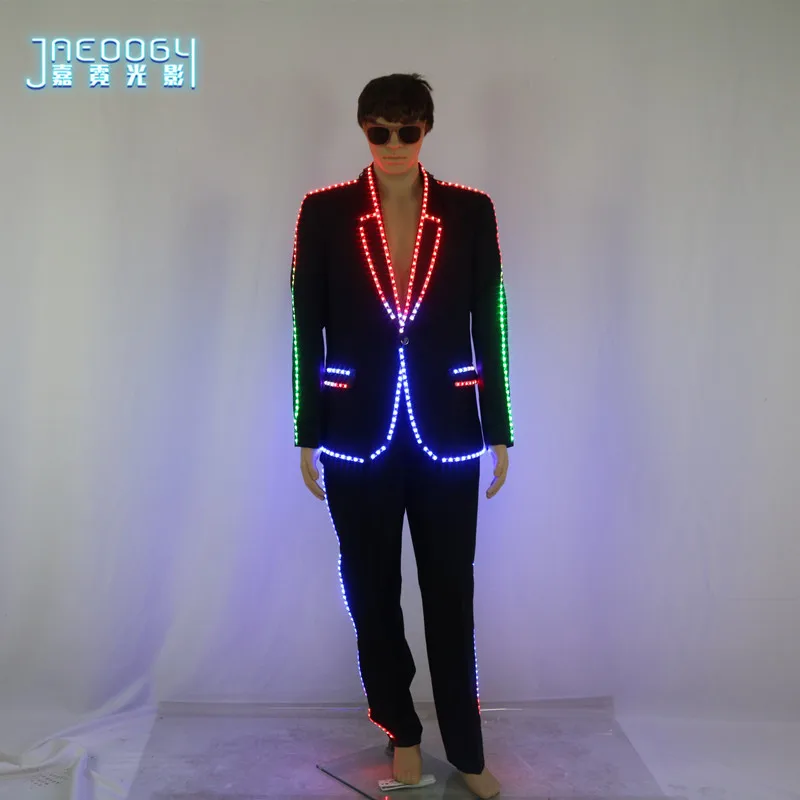 Full Color Pixel LED Lights Jacket Coat, Stage Dance Costume, Tron RGB Light Up, Stage Suit Outfit