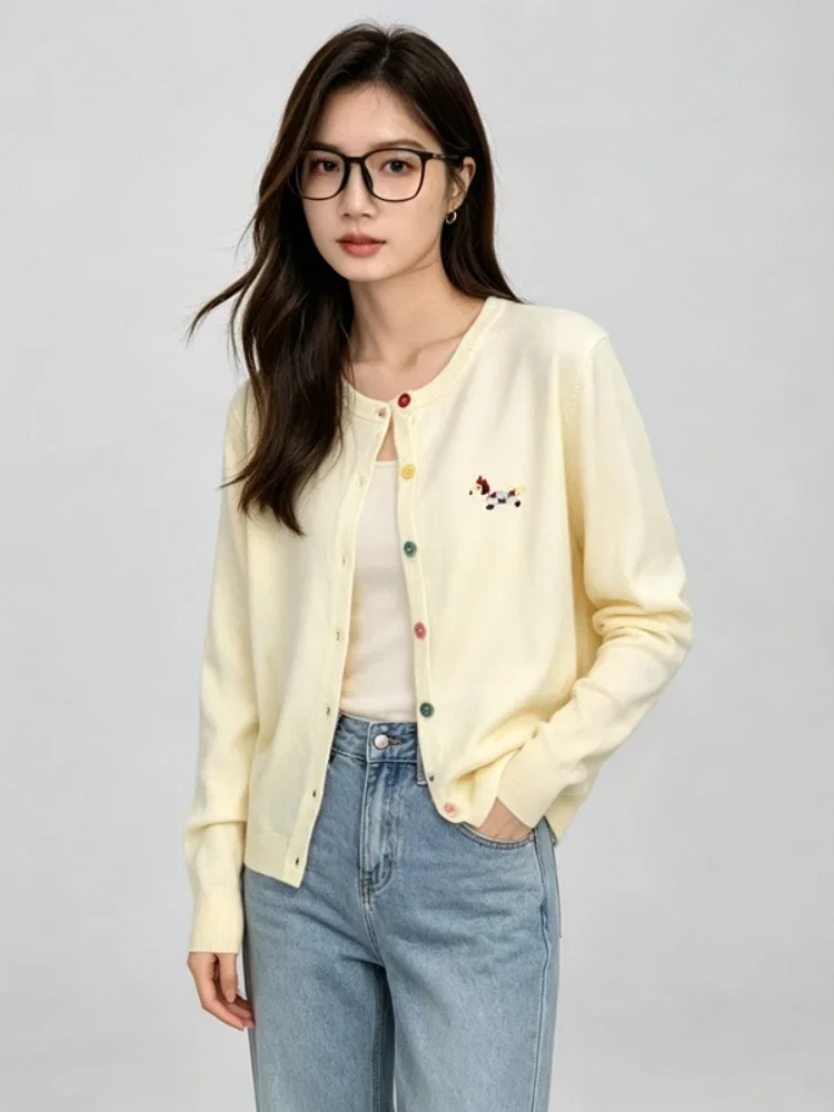 Korean Style Playful Dog‑Graphic Loose Long‑Sleeve Sweater 2026 Autumn Winter Warm Women Knit Cardigan Outerwear For Petite
