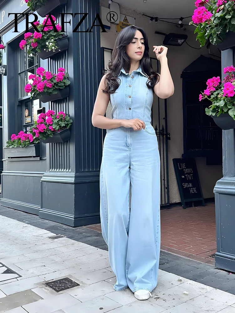 TRAFZA 2024 Female High Street Jumpsuits Denim Blue Sleeveless Backless Pockets Single Breasted Summer Jumpsuit Women Trendy