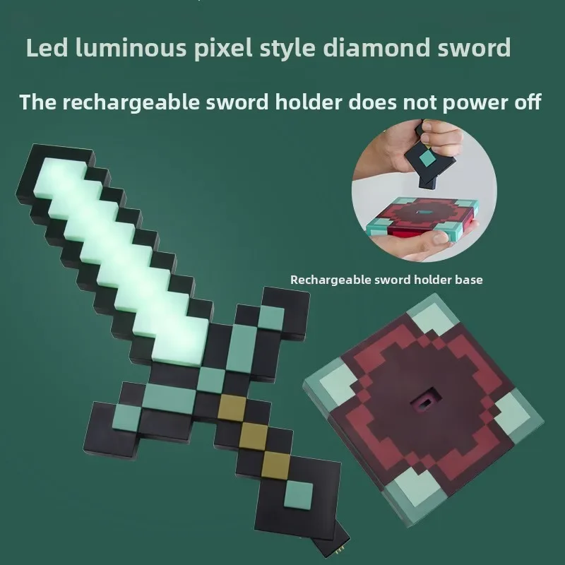 ไฟกลางคืน LED พิกเซลอาร์ต - พวงกุญแจดาบเพชรและคบเพลิง, โคมไฟตั้งโต๊ะแบบเสียบ USB/ปลั๊ก, ของขวัญสุดเท่สำหรับแฟนเกมเด็กชายเด็กหญิง