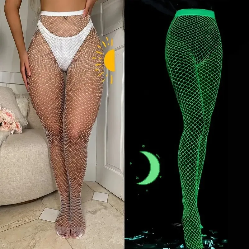 ‌ Brilho escuro collants feminino azul fluorescente fishnet meias rendas oco para fora meias noite clube festa rave meias sexy brilhantes