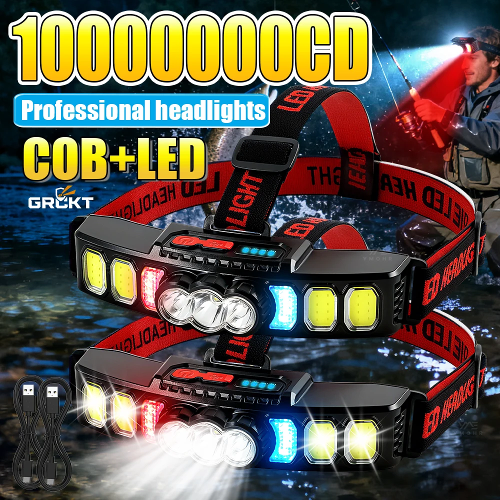 GRCKT COB+LED Extended Headlight,Head LED Front Flashlight,Spotlight,Floodlight,Rechargeable Lamp,Outdoor Headlamp For Fishing