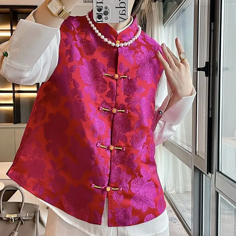 

New Chinese Style Women Fashion Daily Vintage Floral Jacquard Oriental Vest Lady Graceful Tangsuits Versatile Vest Coat