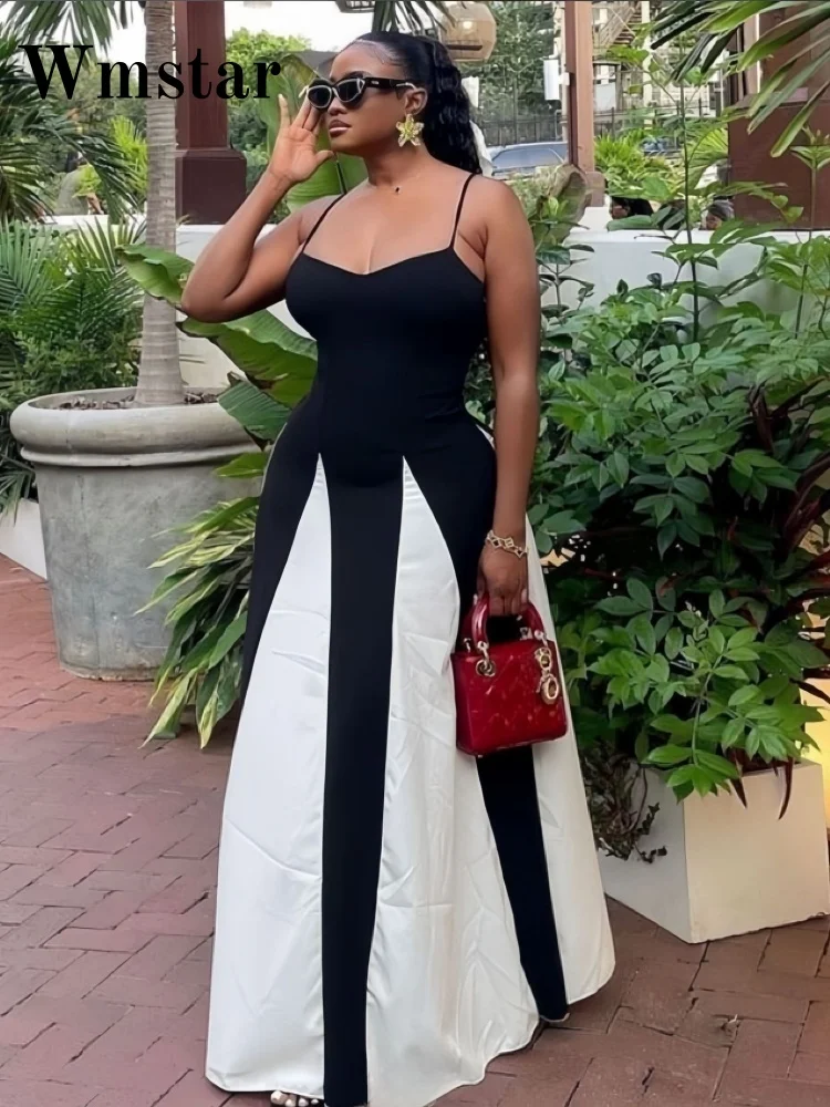 Wmstar Dresses for Women Wholesale Sleeveless Halter Loose Patchwork Color Elegant Casual Sexy Long Dress New in Summer