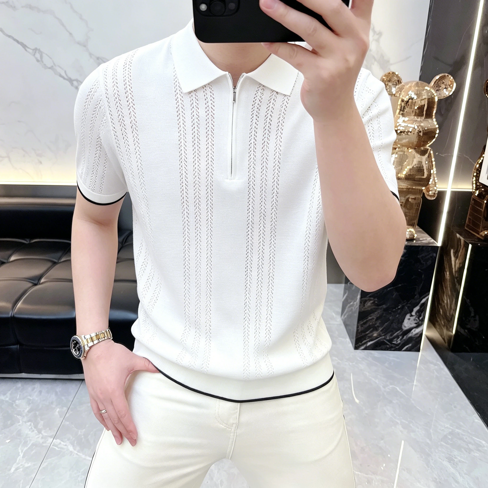 Summer Men's Short-Sleeved T-Shirt- New Texture Knitted Stripes Collar Shirt- Men's Luxury