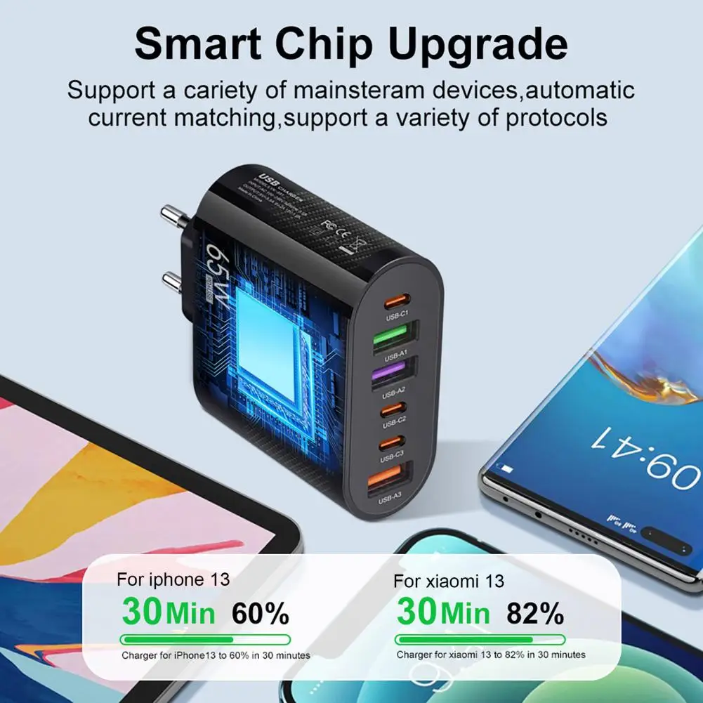 Carregador seguro portátil de alta qualidade, plugue ue, carregador rápido com 3usb, 3 interfaces tipo c, ideal para viagens, carregamento de escritório doméstico