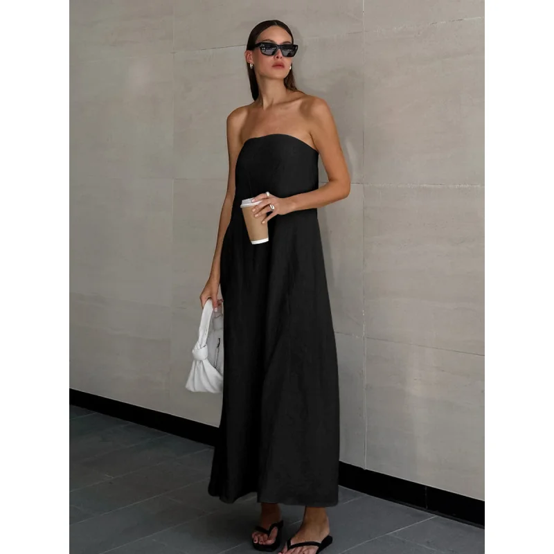 FB-2025 فستان صيفي مثير من القطن الكاكي بدون حمالات للنساء لقضاء العطلات تنورة راميالين غير رسمية ملابس نسائية