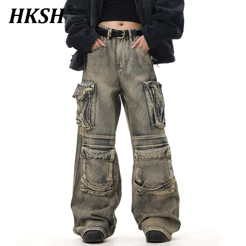 HKSH Waste Land Style Pockets Denim Workwear Pants For Men Women Trendy Vibe Design High Sense Niche Wide Leg Straight HK0001