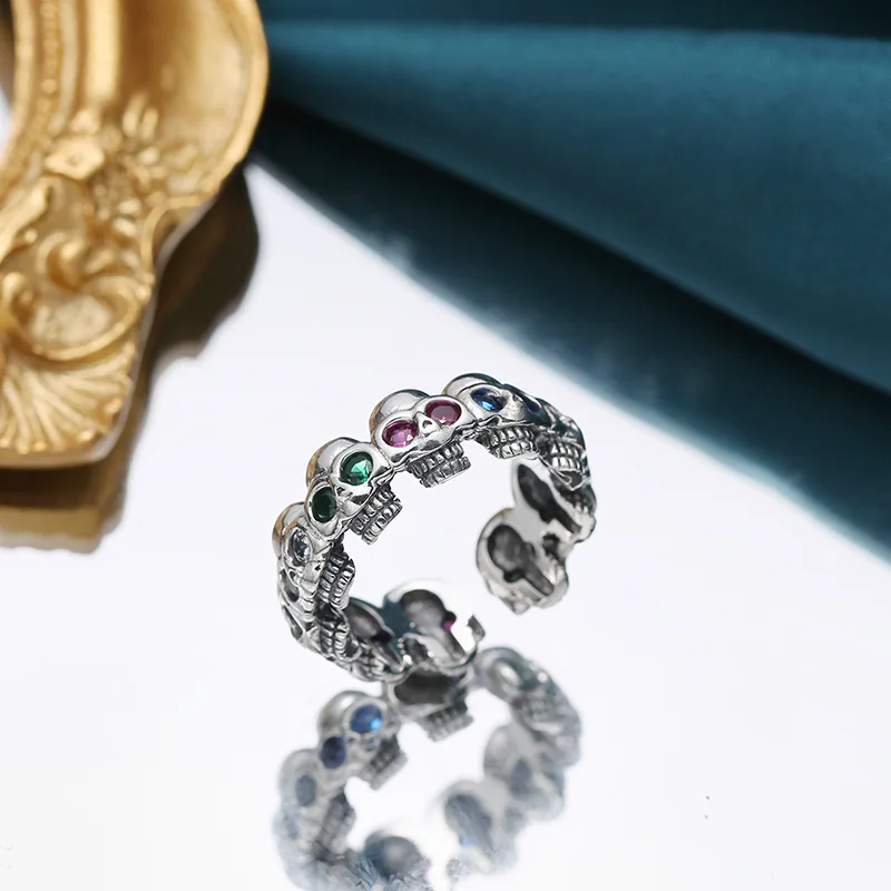 

Skull Ring 925 silver inlaid colorful crystals punk locomotive style open adjustable fashion trend creative ring