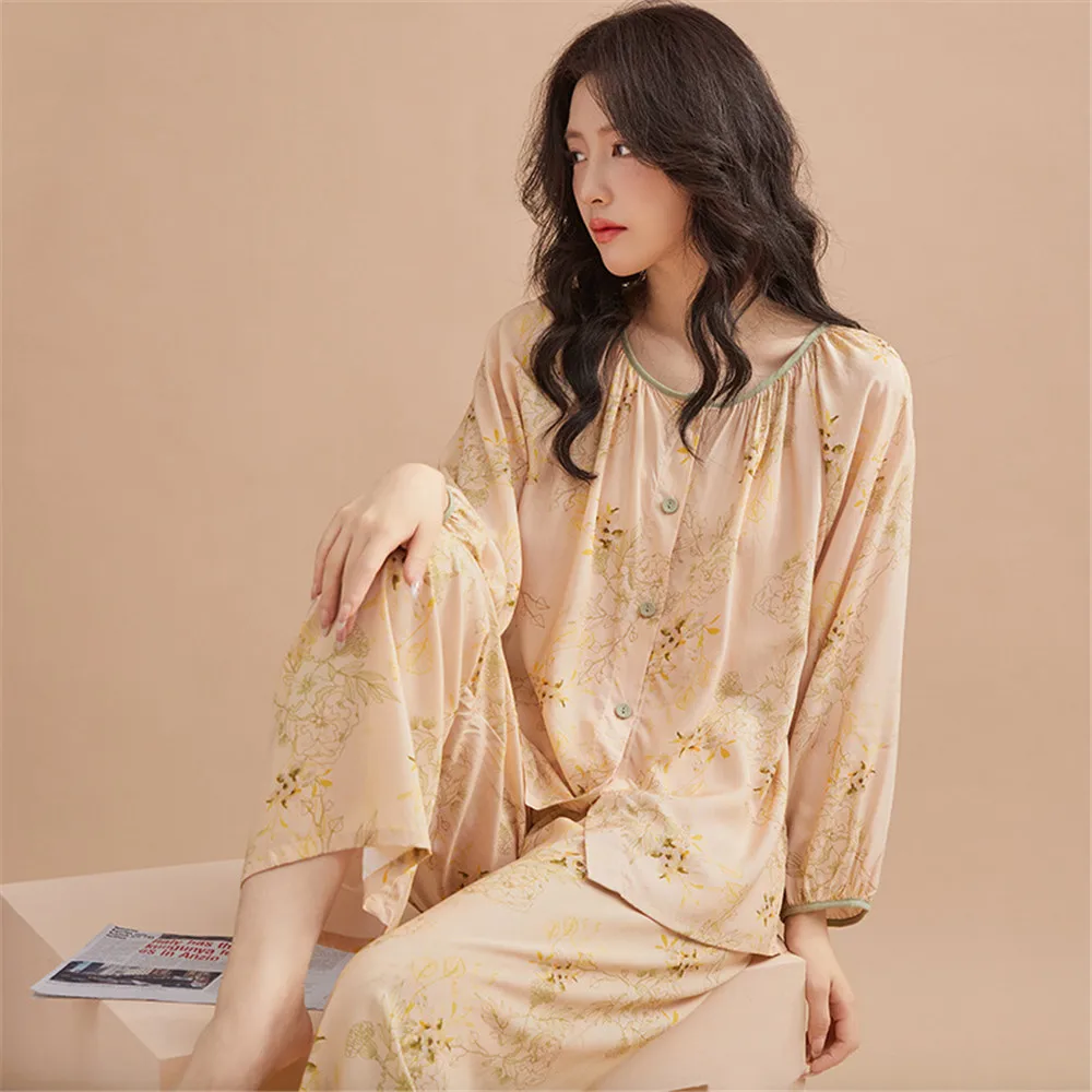 Elegant Floral Pajama Set Women Silky Viscose Loungewear French Style O-Neck 2 Piece Lounge Set