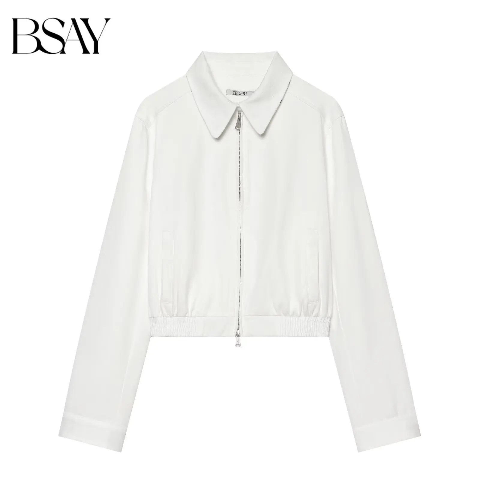 BSAY 2026 Women Solid Cropped Jacket Contrast Polka Dot Lapel Collar Full Zip Long Sleeve Pockets Casual Streetwear Outer Coat